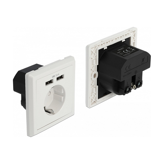 Ugradbena utičnica DELOCK s 2x USB-A punjačem 2.4 A, bijela boja