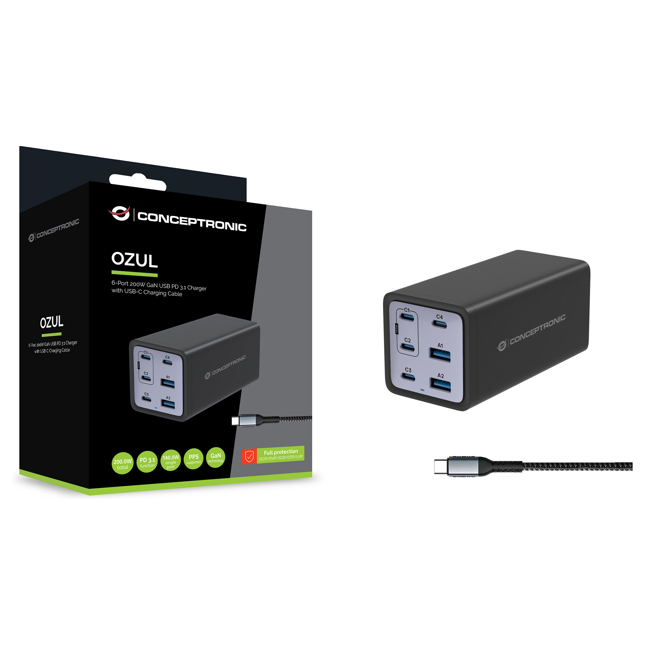 Punjač CONCEPTRONIC ALTHEA05B 6-portni GaN 200W (4x USB-C, 2x USB-A) crna boja-3