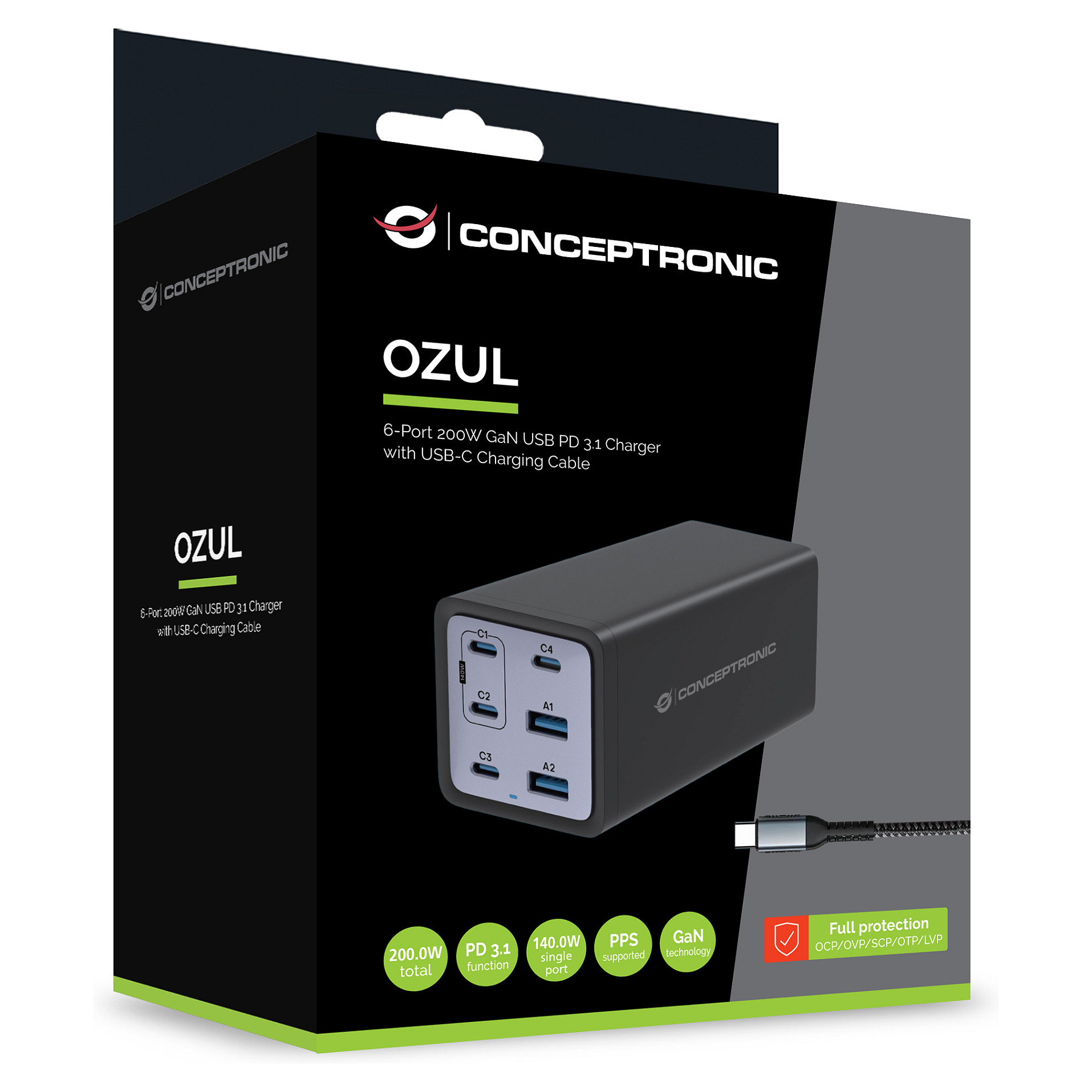 Punjač CONCEPTRONIC ALTHEA05B 6-portni GaN 200W (4x USB-C, 2x USB-A) crna boja-4