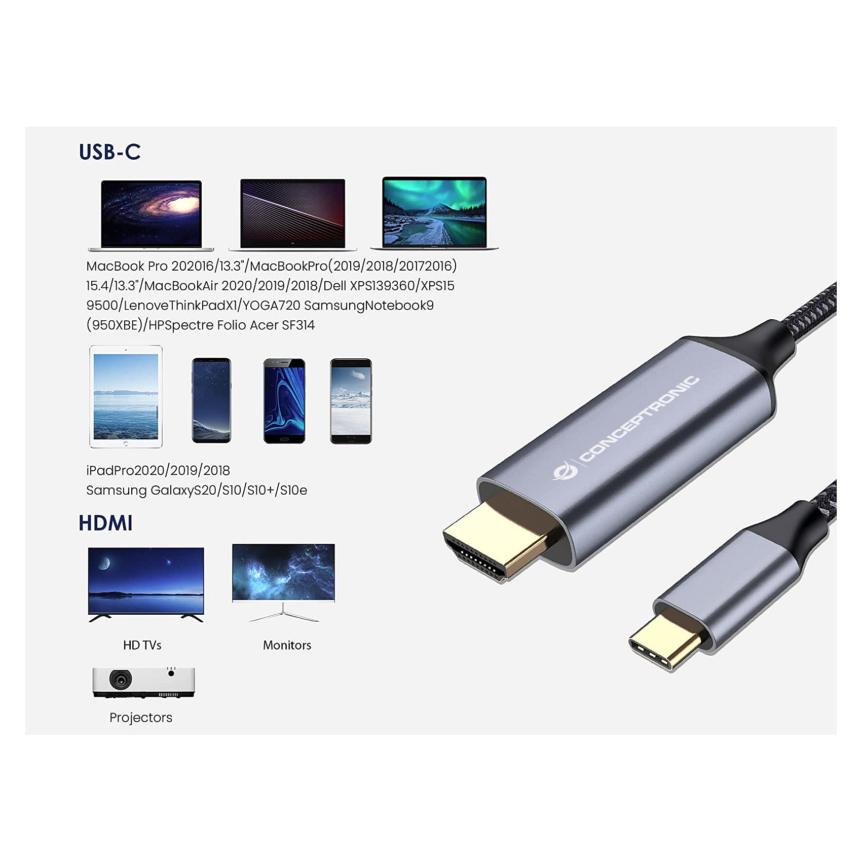 Conceptronic USB-C na HDMI 2.0 Adapter Kabel, 4K/60Hz, 2m, sivi-2