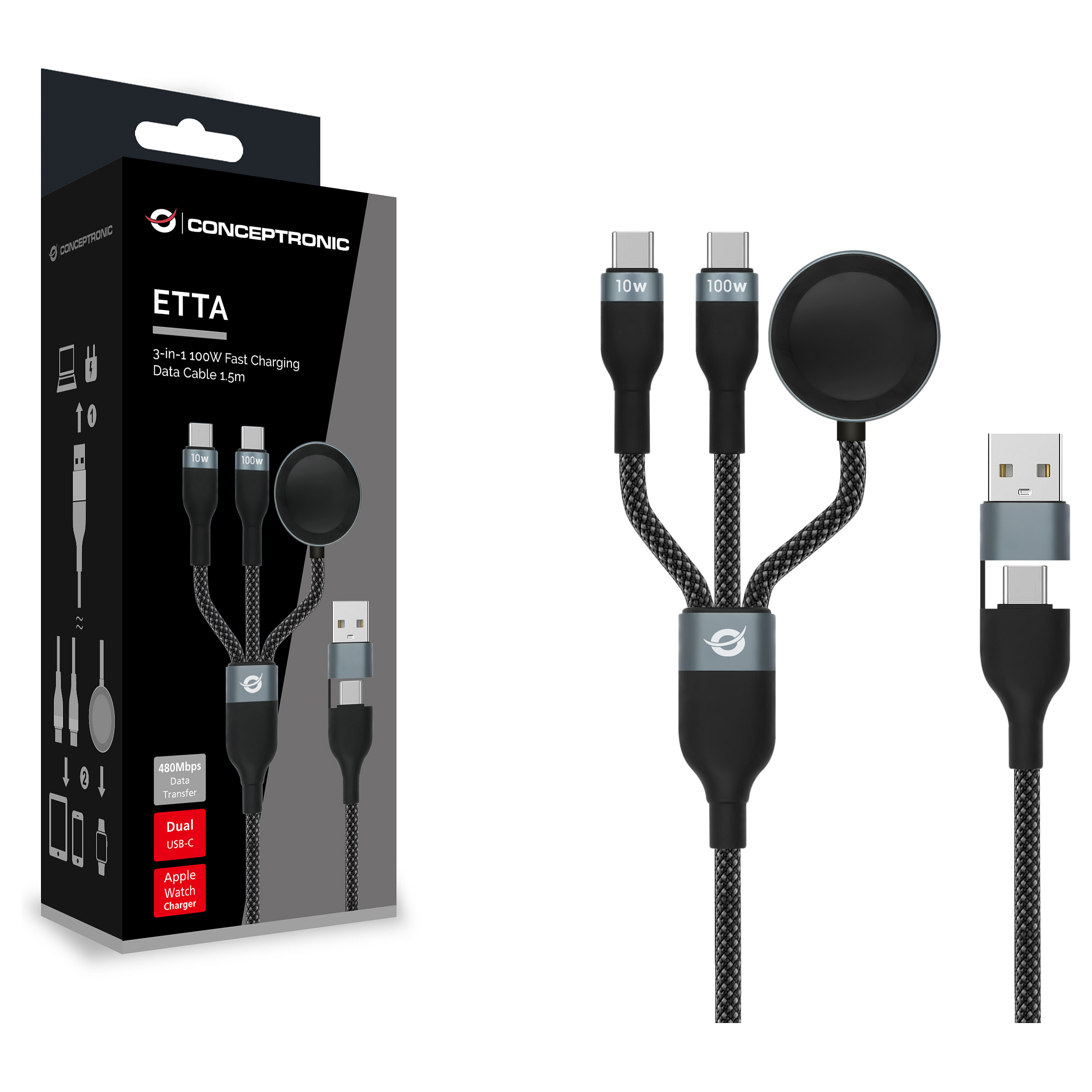 Conceptronic 2-u-1 USB-C na USB-C/A kabel s PD podrškom, 1.5m, crni-1