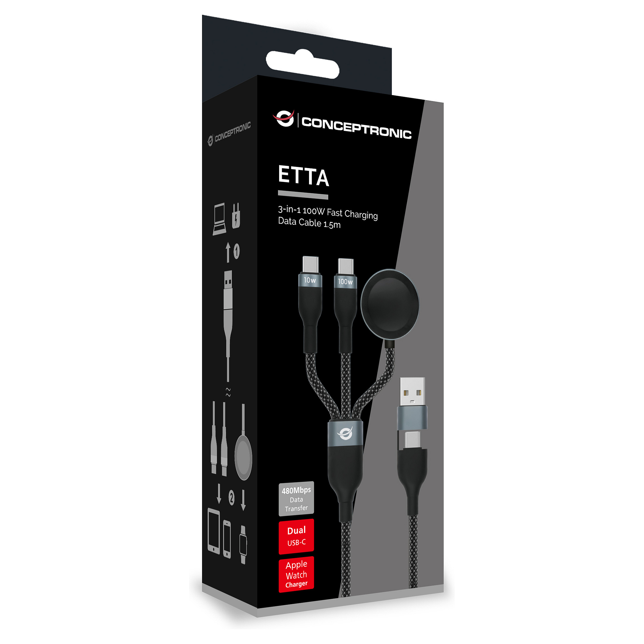 Conceptronic 2-u-1 USB-C na USB-C/A kabel s PD podrškom, 1.5m, crni-2