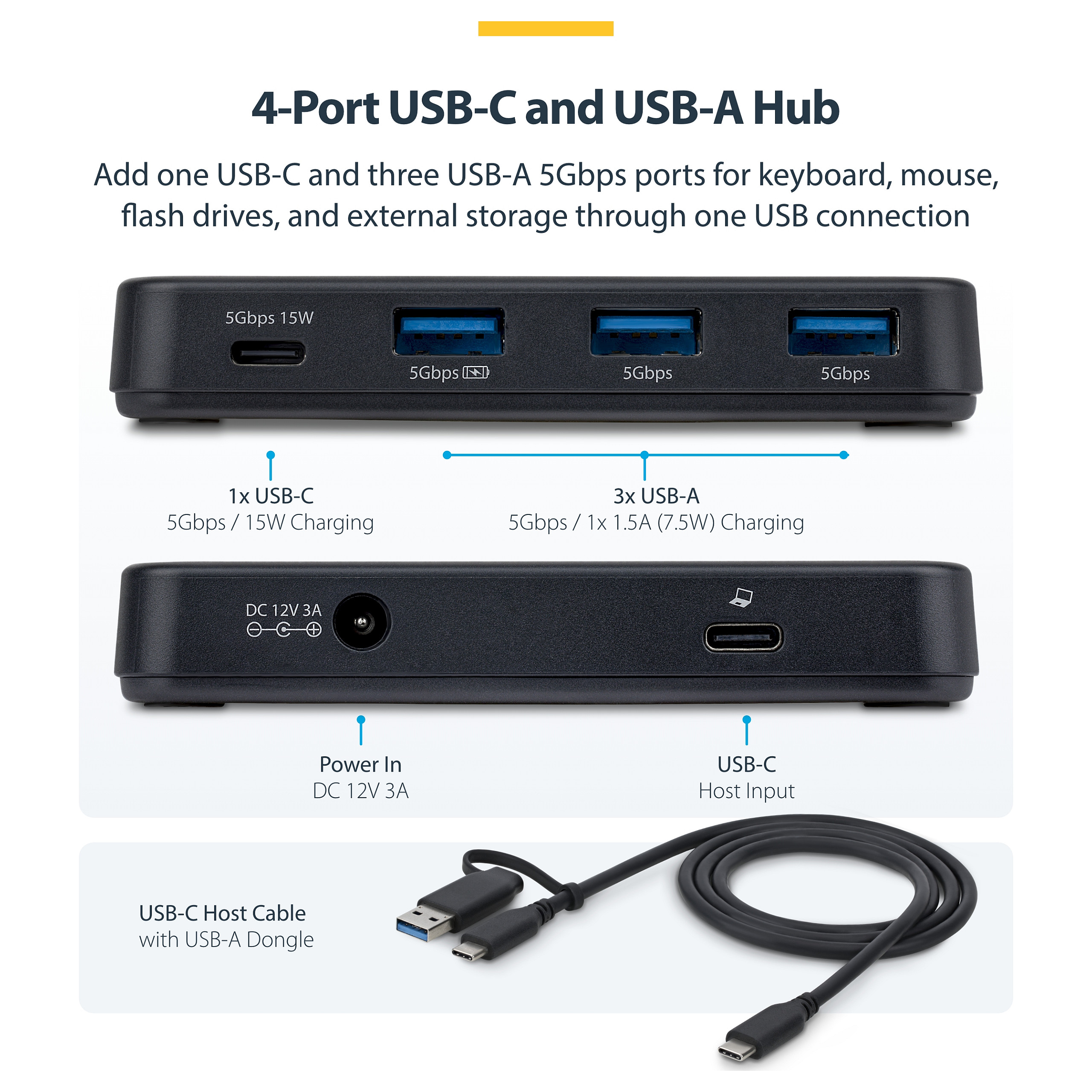 USB Hub STARTECH 4-portni 5Gbps (1x USB-C, 3x USB-A) - HB30C3A1CFS-4