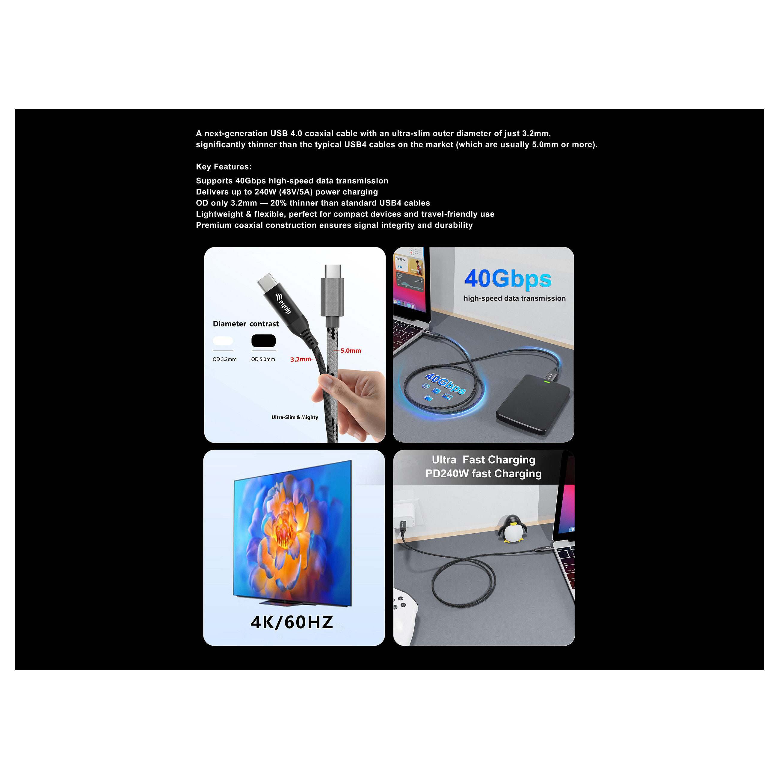 Equip USB 4.0 kabel (USB-C na USB-C), 240W PD, 1.2m, crni-8
