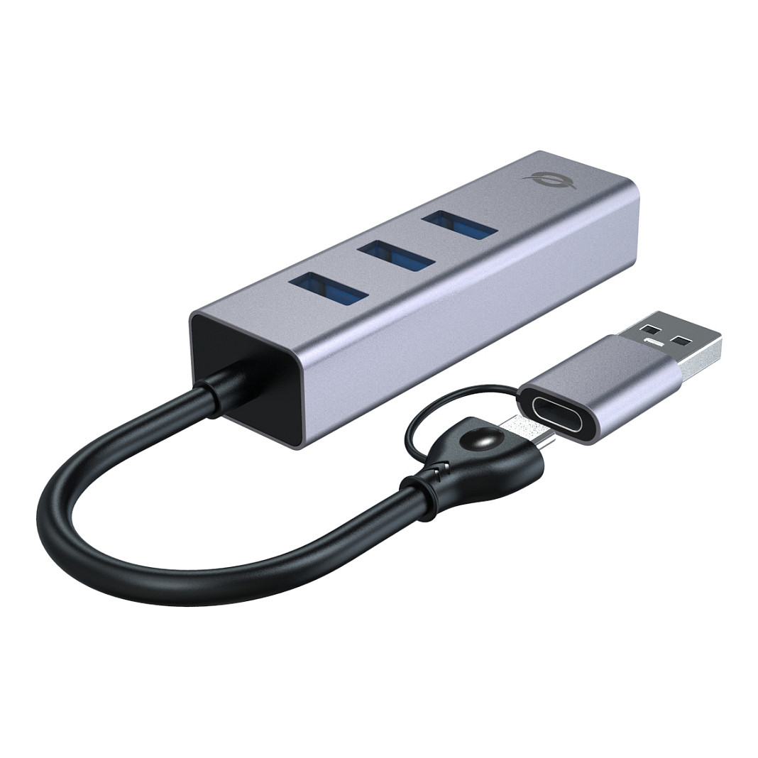 Conceptronic USB-C/A 3.0 na Gigabit Ethernet i 3-portni USB 3.0 Hub Adapter, Sivi-3