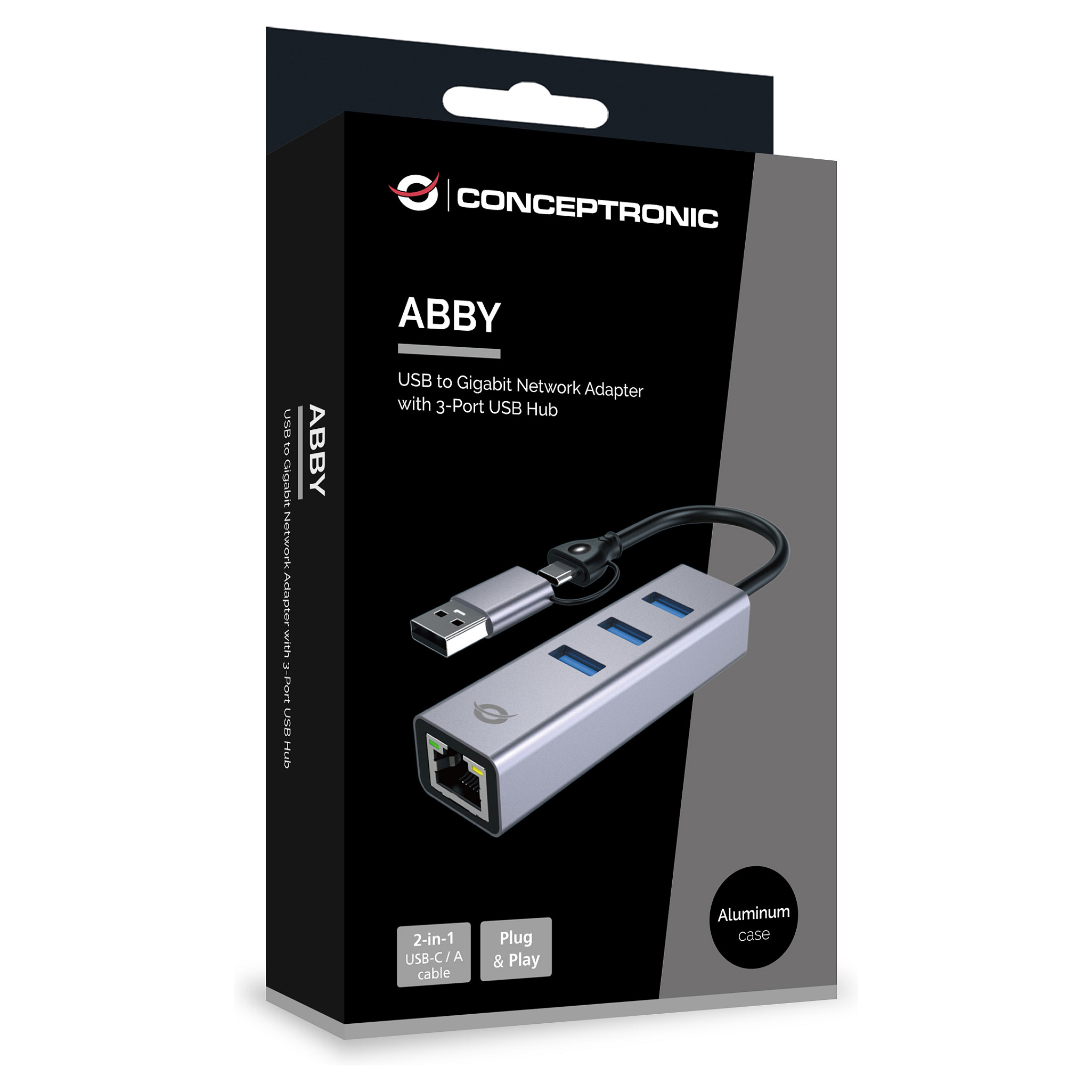 Conceptronic USB-C/A 3.0 na Gigabit Ethernet i 3-portni USB 3.0 Hub Adapter, Sivi-4