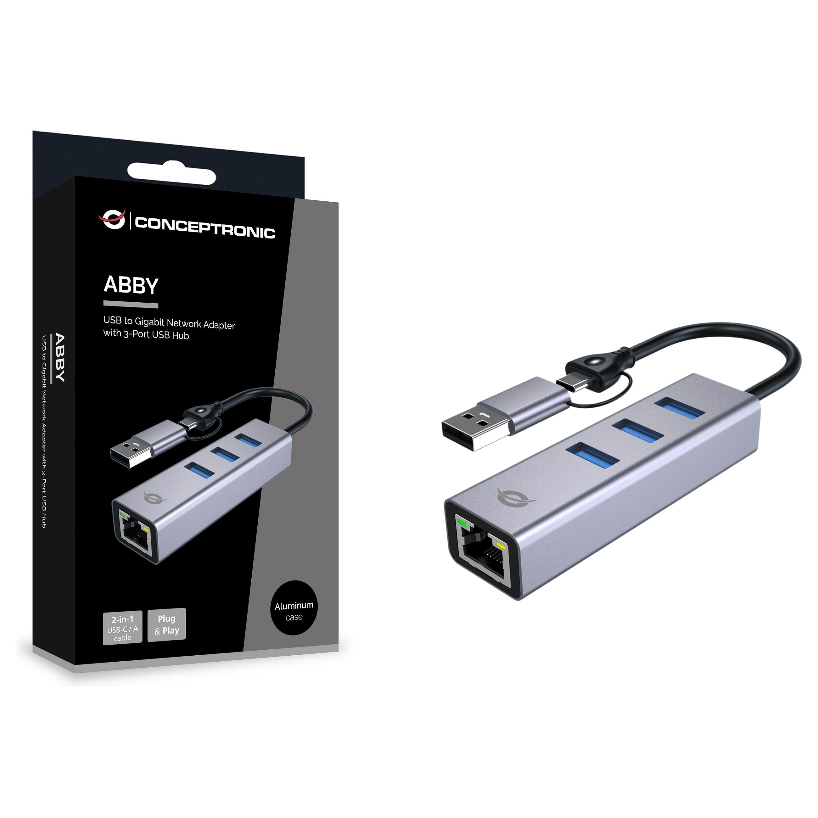Conceptronic USB-C/A 3.0 na Gigabit Ethernet i 3-portni USB 3.0 Hub Adapter, Sivi-5