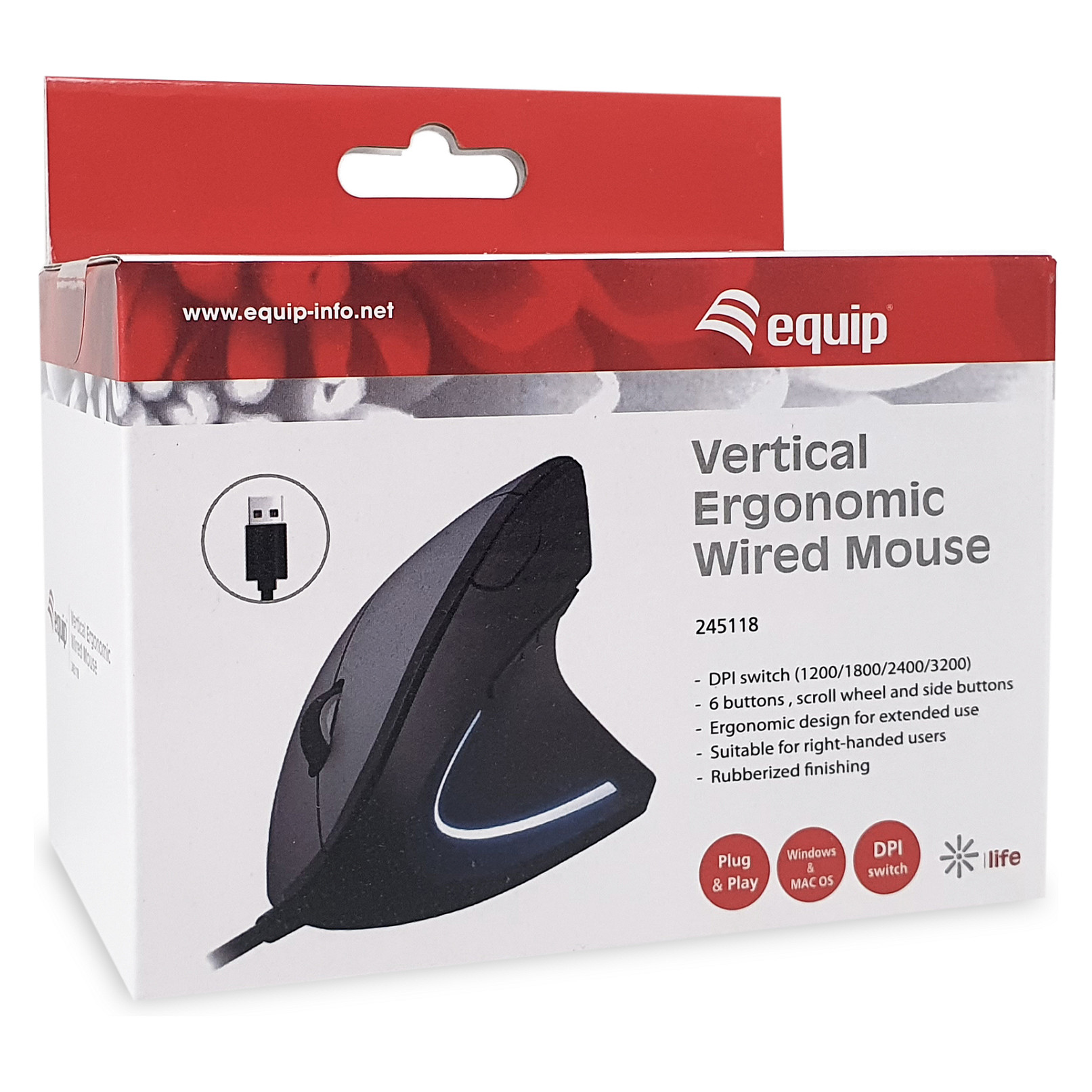 Miš EQUIP Ergonomic žičani za dešnjake, crna boja-7
