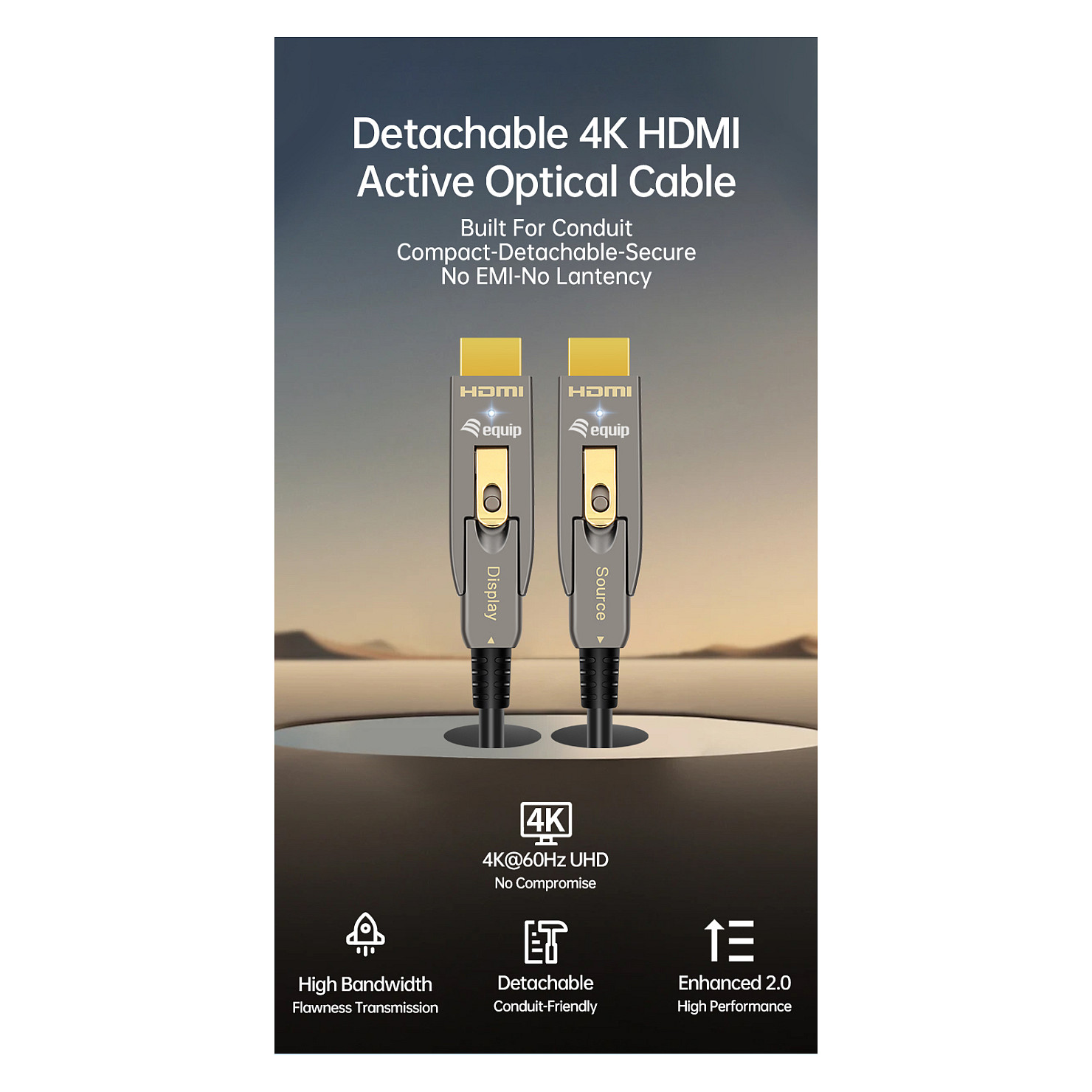 Equip Aktivni Optički HDMI 2.0 Kabel 10m, 4K/60Hz, odvojivi Type A+D konektori-3