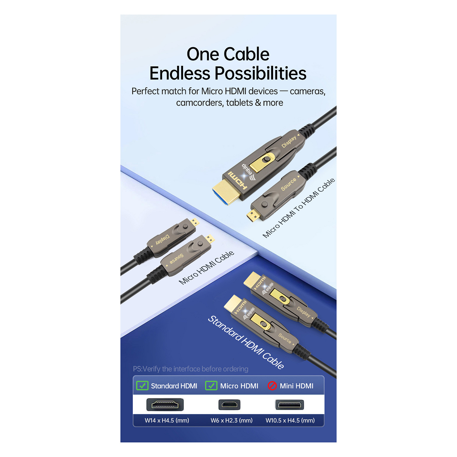 Equip Aktivni Optički HDMI 2.0 Kabel 10m, 4K/60Hz, odvojivi Type A+D konektori-5