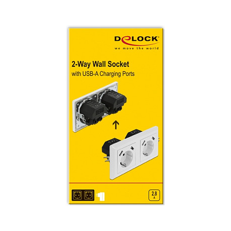 Ugradbena utičnica DELOCK, 2x šuko, 4x USB Type-A, 2x 2.8A-3