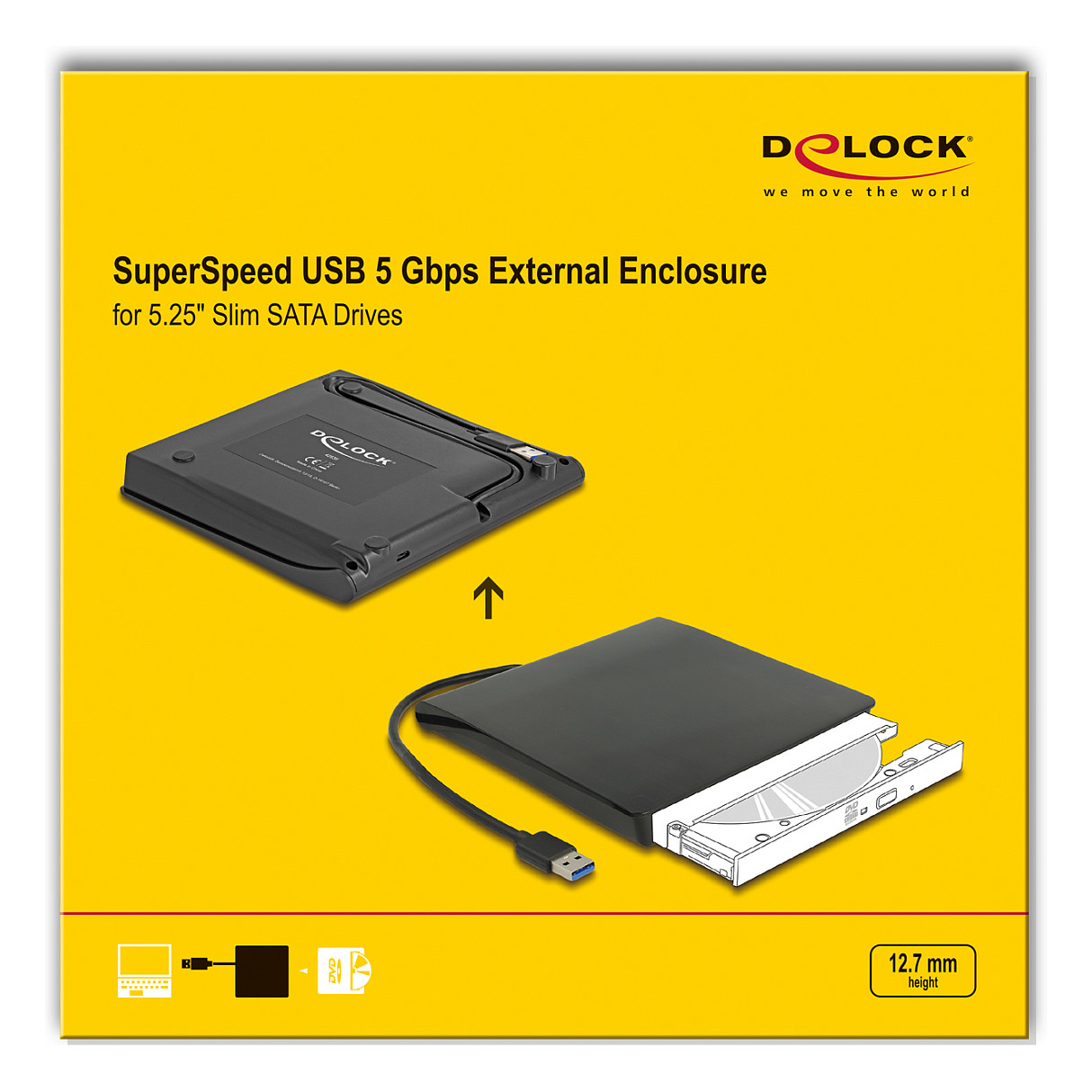 Vanjsko kućište DELOCK 42636 za 5.25" Slim SATA optičke pogone (12.7 mm), USB 3.0-5