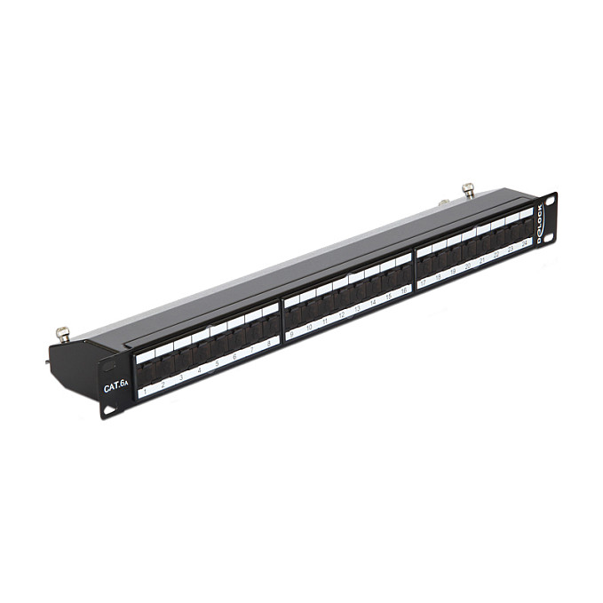 Patch panel DELOCK 19" za 24 Keystone modula Cat.6A oklopljeni, crna boja