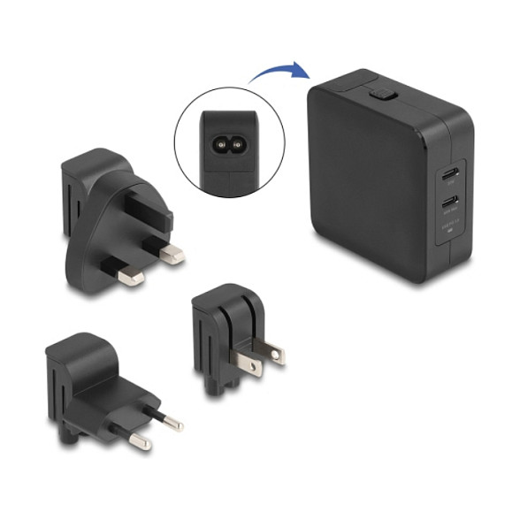Delock GaN punjač 65W, 2x USB-C PD 3.0, s EU/US/UK adapterima