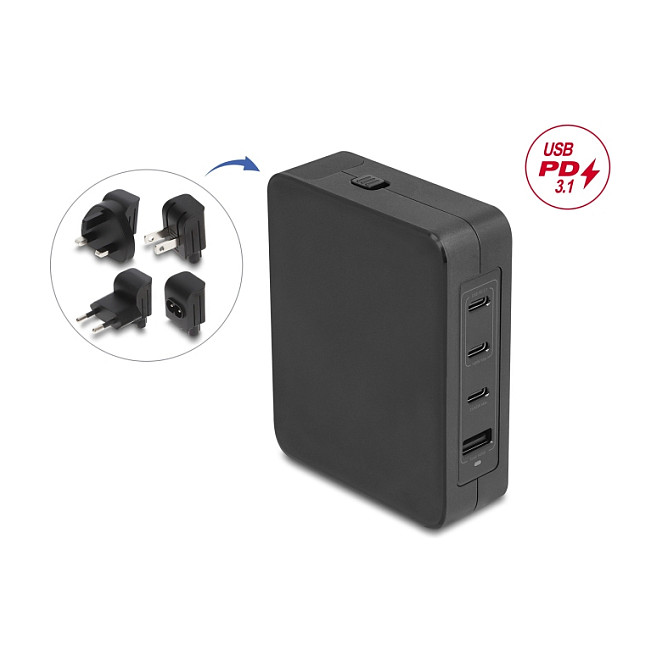 Delock GaN USB punjač 145W, 3x USB-C PD 3.1, 1x USB-A, EU/US/UK adapteri-1
