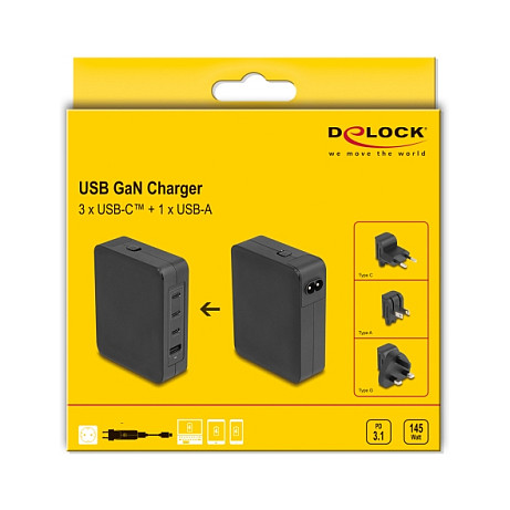 Delock GaN USB punjač 145W, 3x USB-C PD 3.1, 1x USB-A, EU/US/UK adapteri-3