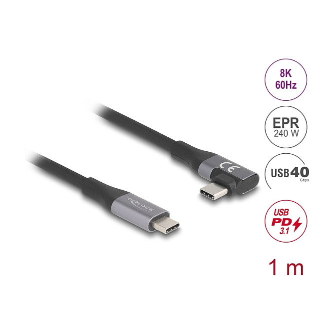 Delock USB4 kabel (USB-C na USB-C), 40Gbps, 240W PD 3.1, kutni, 1m-1
