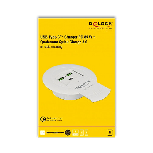 Ugradbeni punjač DELOCK 64065 za stol, USB-C PD 85W + USB-A QC 3.0-3