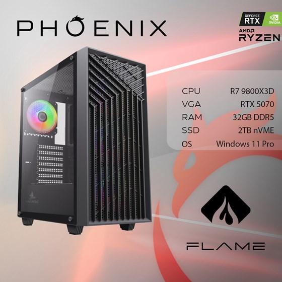Računalo Phoenix FLAME X-522 AMD Ryzen 7 9800X3D/32GB DDR5/NVME SSD 2TB/RTX 5070 12GB/850W 80+/Windows 11 PRO-0