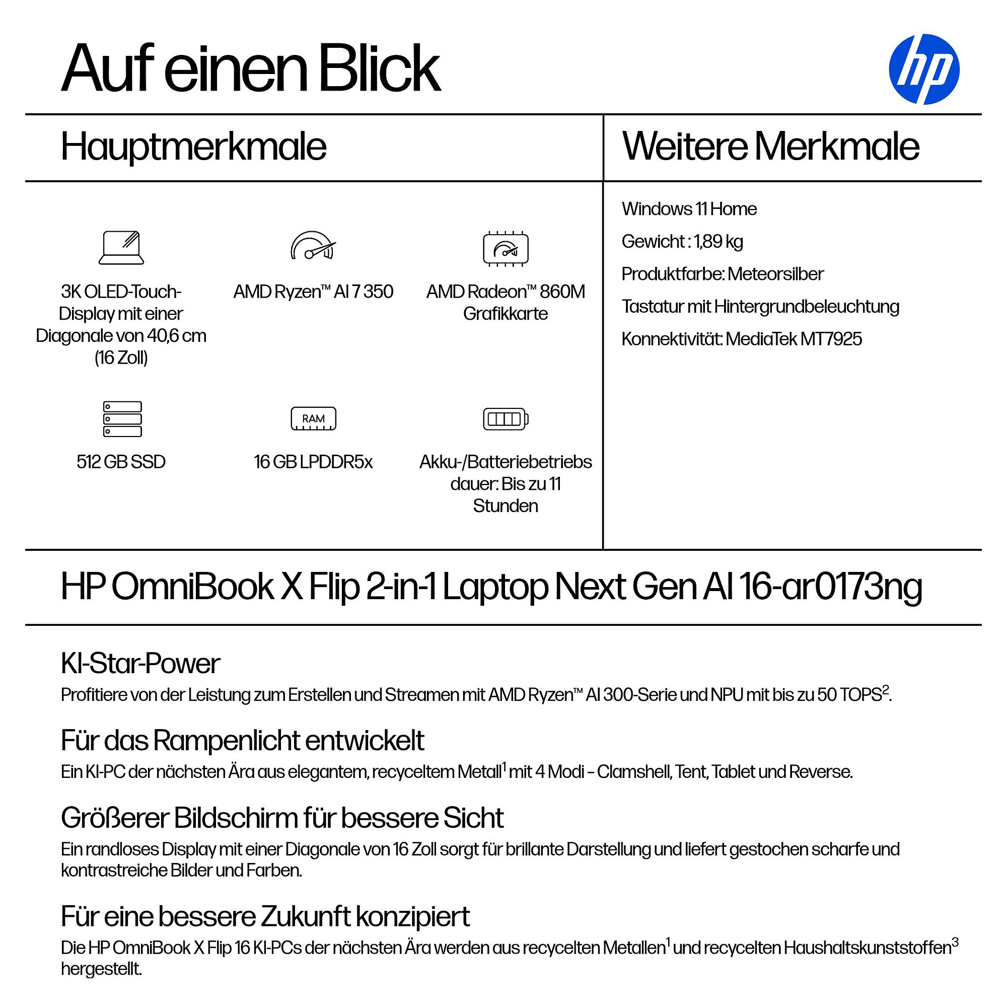 Laptop HP OmniBook X Flip 16-ar0173ng (16", OLED Touch, 3K, AMD Ryzen AI 7 350, 16GB, 512GB SSD, AMD Radeon Graphics, Windows 11 Home, DE tipkovnica, Srebrna)-3