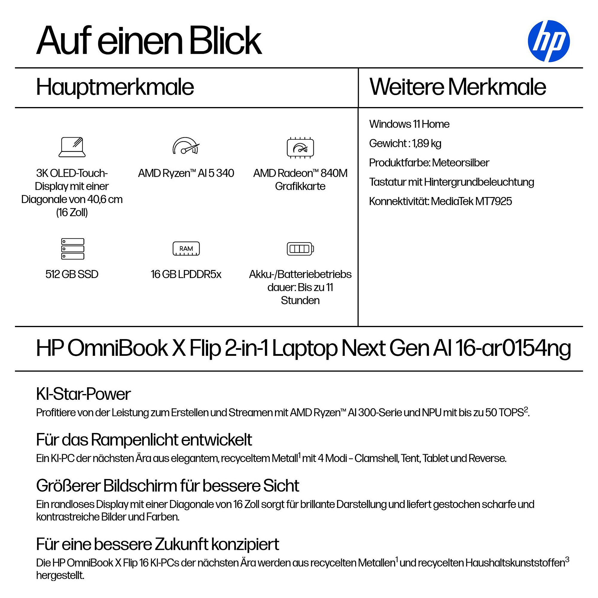 Laptop HP OmniBook X Flip 16-ar0154ng (16", OLED Touch, 2.8K, AMD Ryzen AI 5 340, 16GB, 512GB SSD, AMD Radeon Graphics, Windows 11 Home, DE tipkovnica)-3