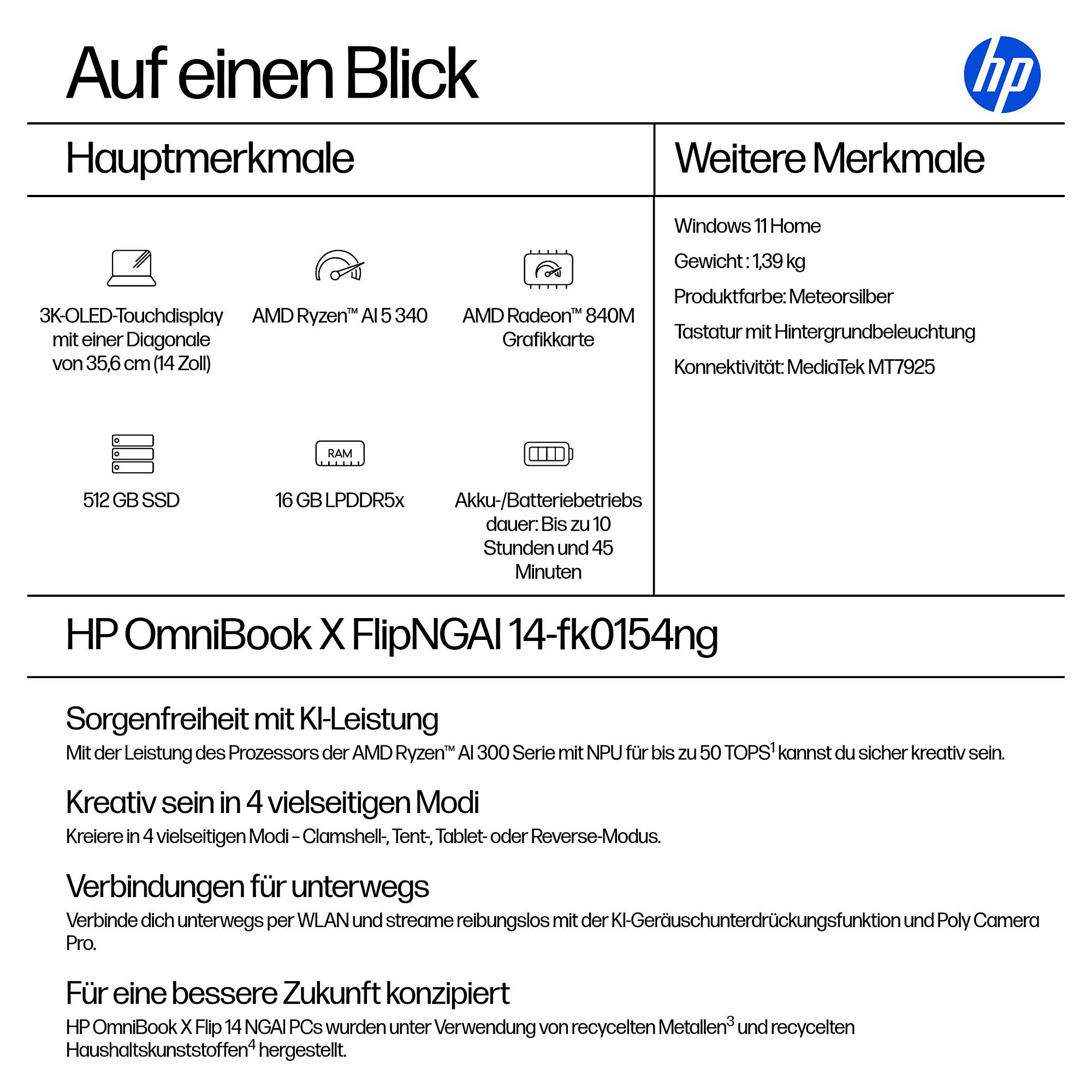 Laptop HP OmniBook X Flip 14-fk0154ng (14", OLED Touch, 3K, AMD Ryzen AI 5 340, 16GB, 512GB SSD, AMD Radeon Graphics, Windows 11 Home, DE tipkovnica, Srebrna)-3