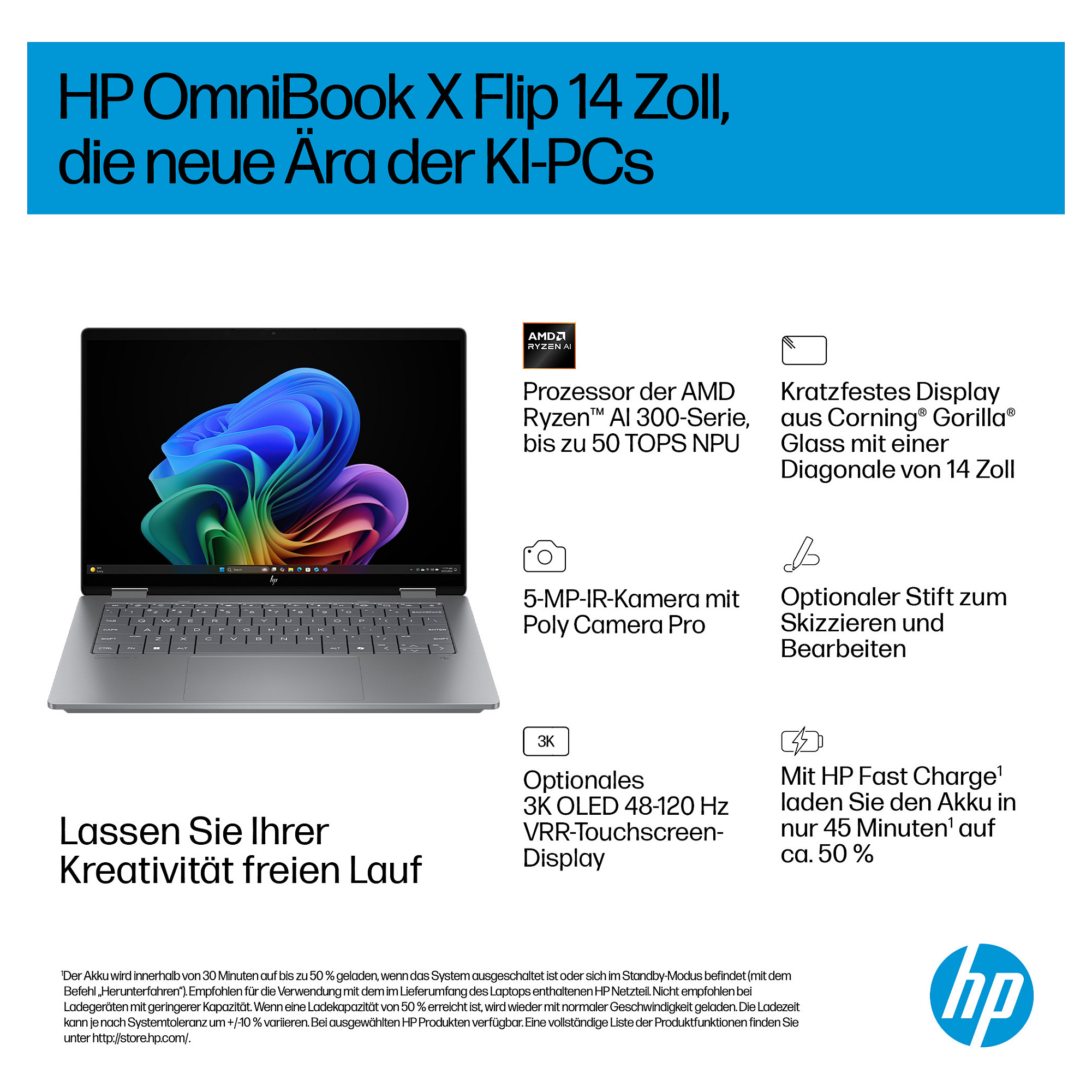 Laptop HP OmniBook X Flip 14-fk0154ng (14", OLED Touch, 3K, AMD Ryzen AI 5 340, 16GB, 512GB SSD, AMD Radeon Graphics, Windows 11 Home, DE tipkovnica, Srebrna)-4