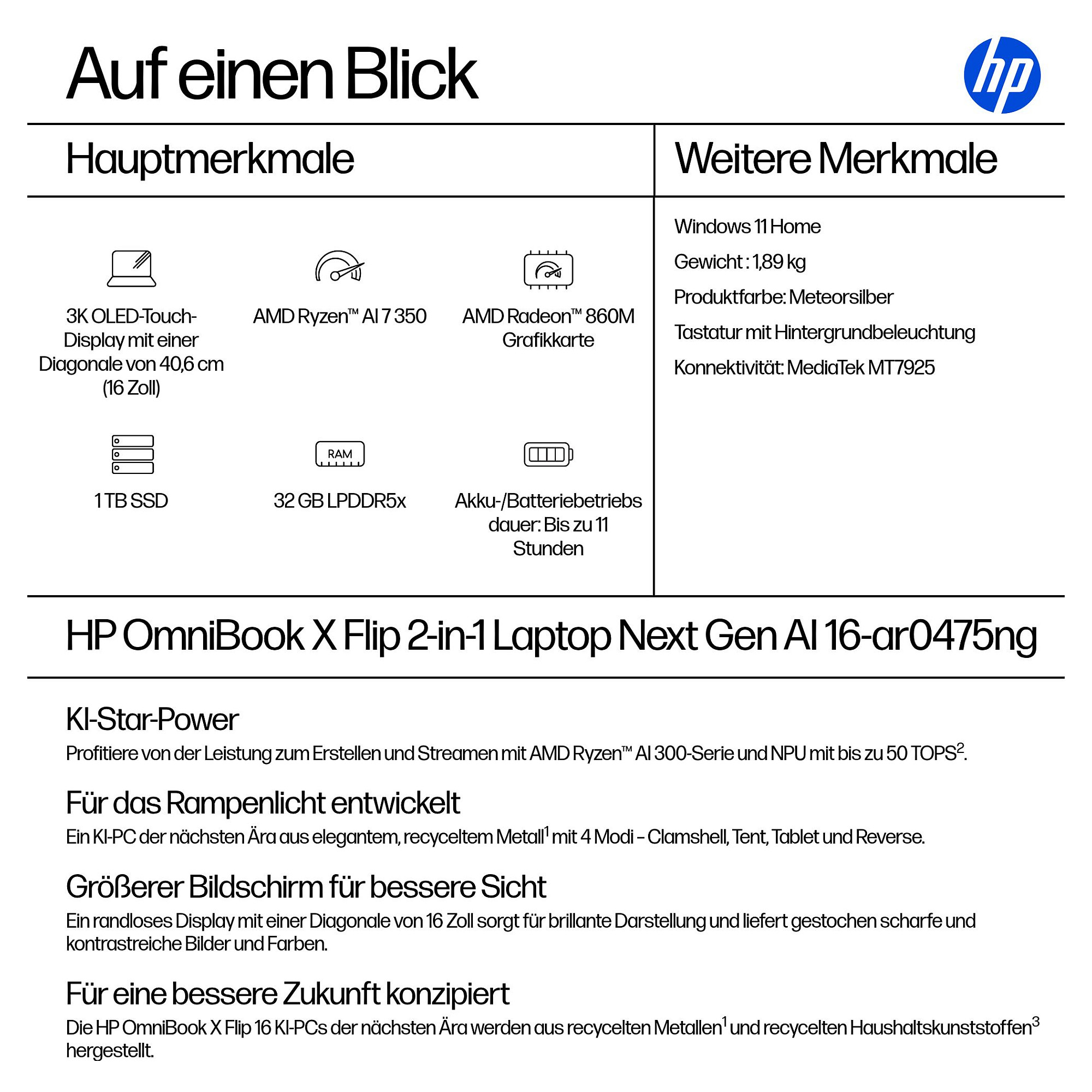 Laptop HP OmniBook X Flip 16-ar0475ng (16", OLED Touch, 3K, AMD Ryzen AI 7 350, 32GB, 1TB SSD, AMD Radeon 860M, Windows 11 Home, Non-HR tipkovnica, Srebrna)-3