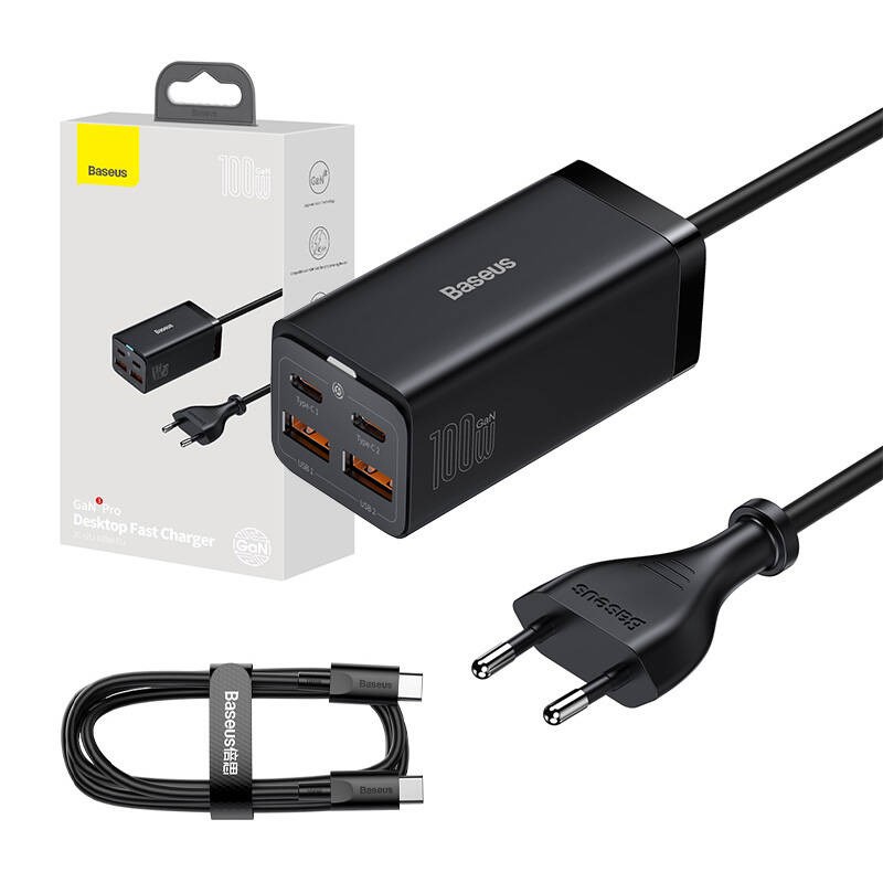 Stolni brzi punjač BASEUS GaN3 Pro 100W (2x USB-C, 2x USB-A) crna boja