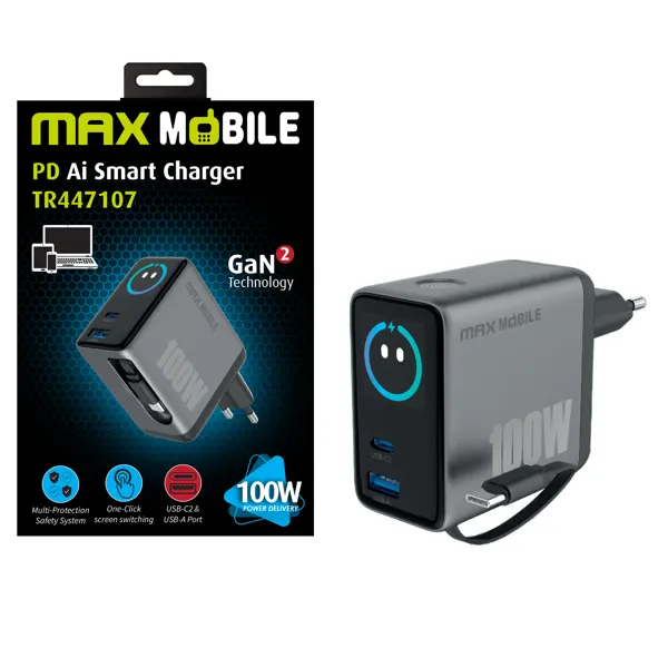 MAXMOBILE KUĆNI PUNJAČ PD SUPER FAST CHARGE TR447207 Ai,2xTypeC+USB-A, GaN2,100W-0