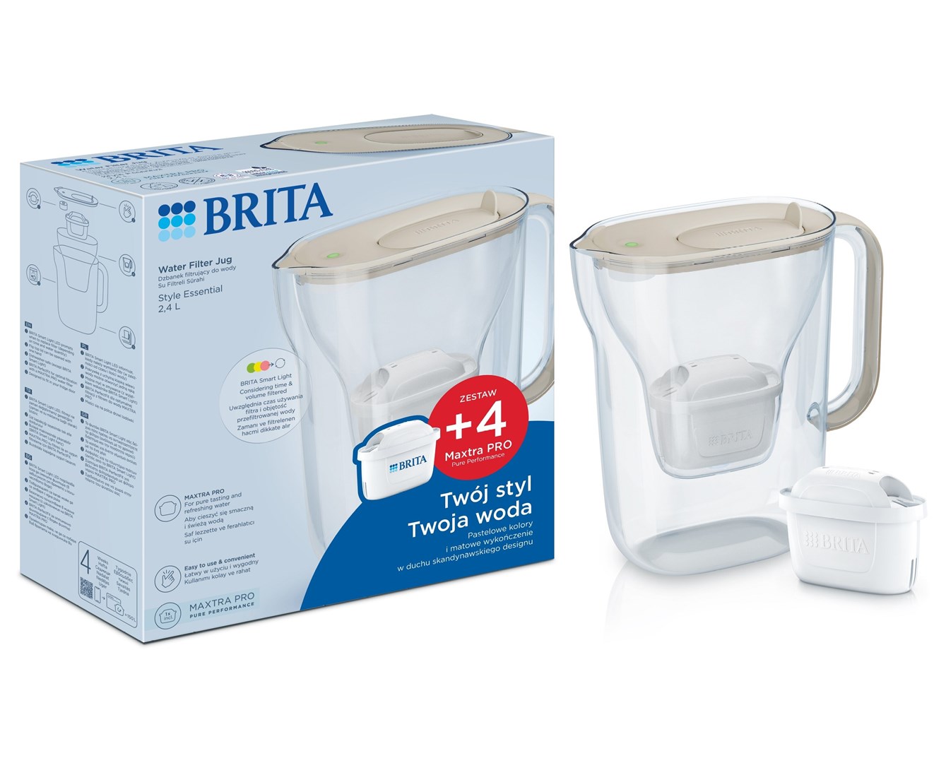 Vrč za filtriranje vode BRITA Style Essential 2.4L pješčana boja + 4x MaxtraPro filter-2