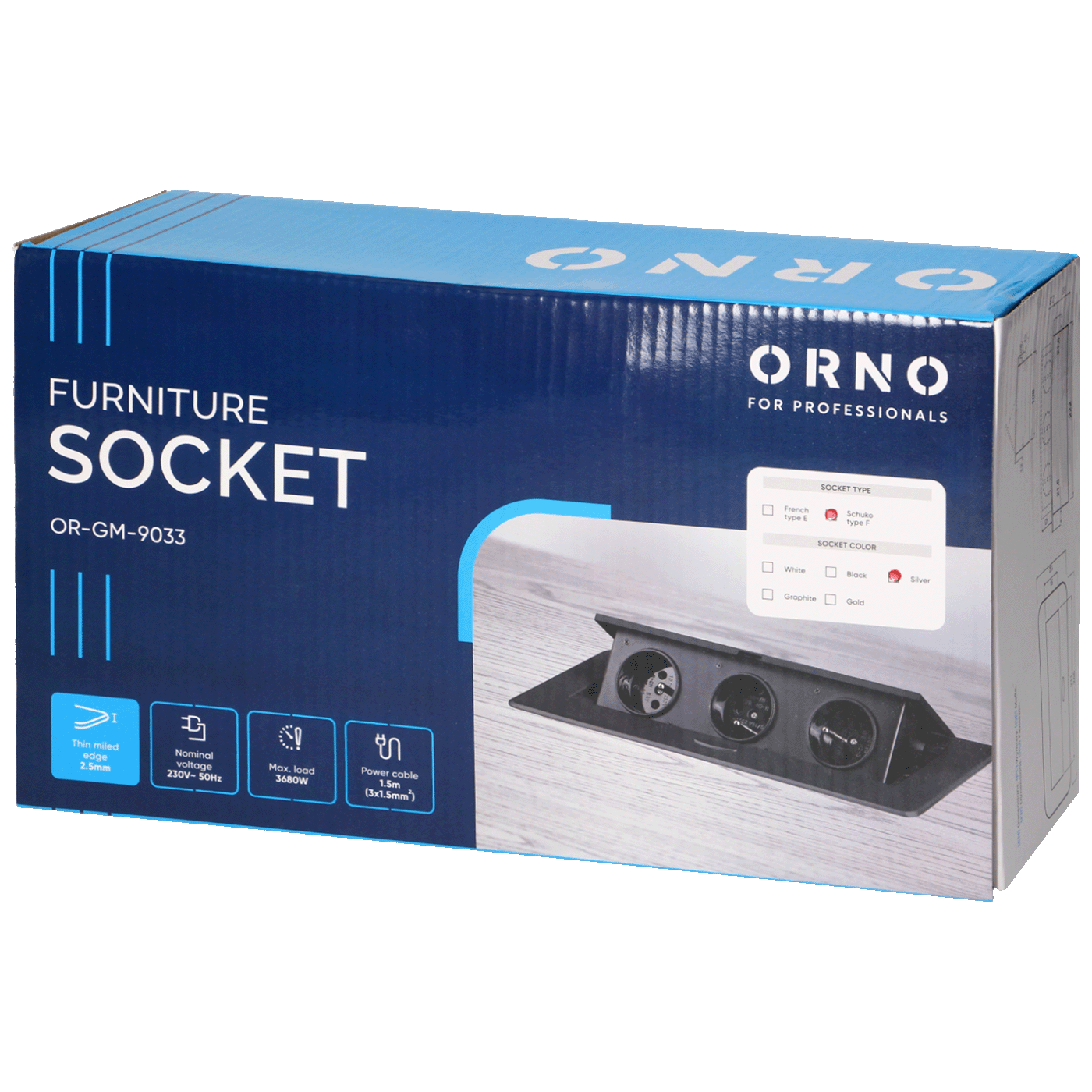 Orno OR-GM-9033(GS)/G ugradbeni produžni kabel, 3x Schuko, grafitni-3