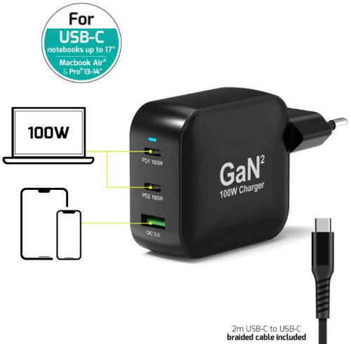 Port Designs 100W GaN2 USB-C zidni punjač s kabelom-0