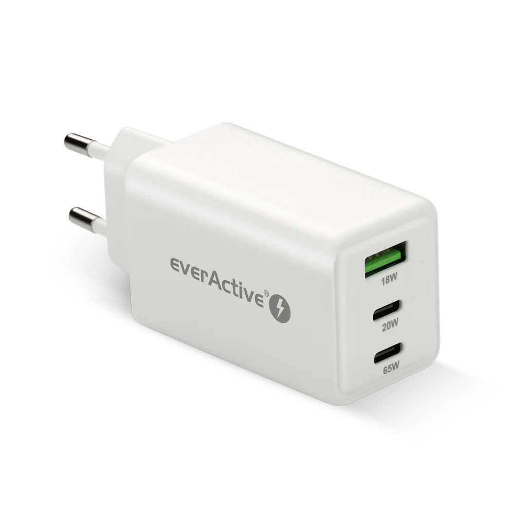 USB punjač EVERACTIVE SC-655Q 65W GaN bijela boja (USB-C PD, USB-A QC4+)