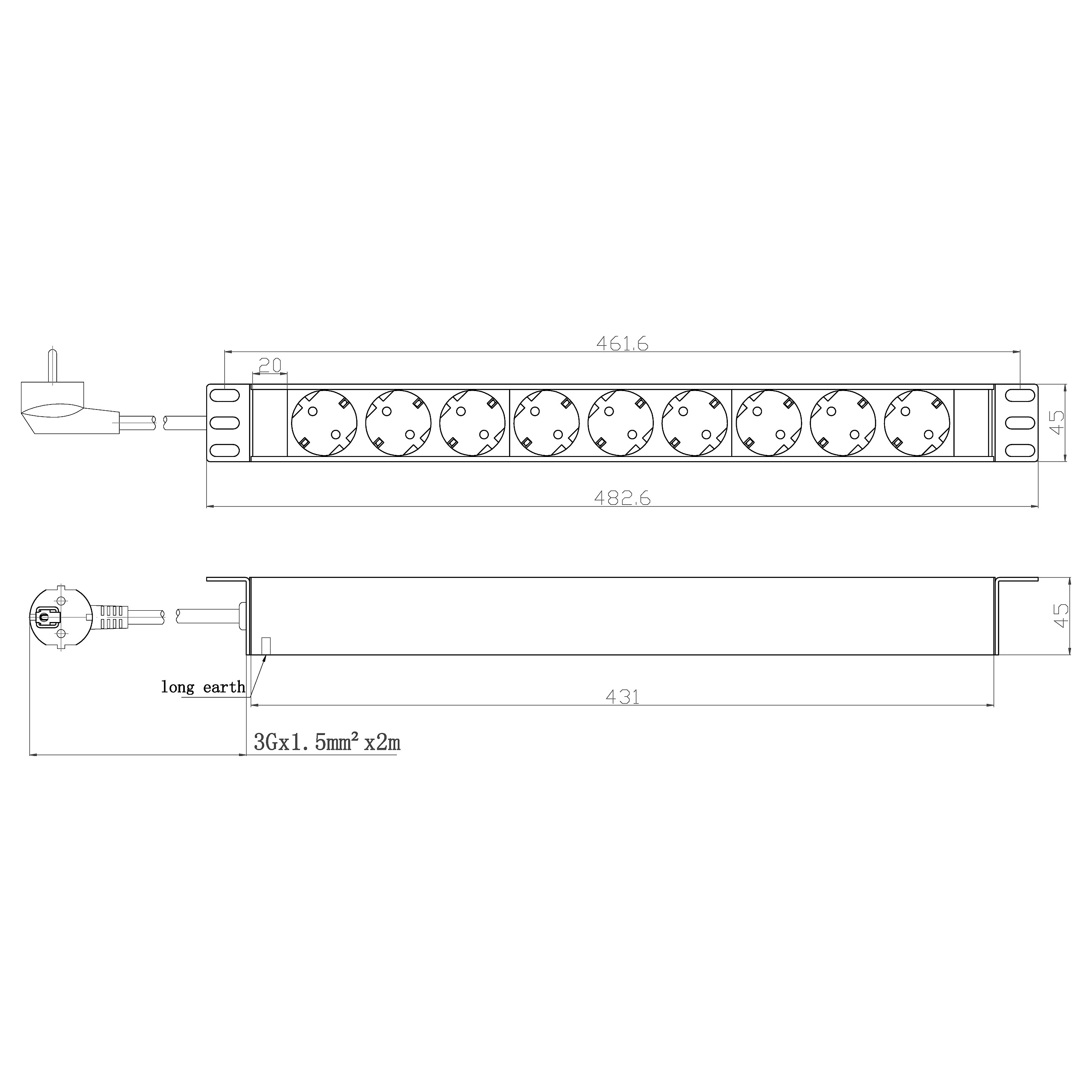 Strujna letva EFB ELEKTRONIK 19" 1U, 9x šuko, bez prekidača, aluminij, crna boja-1