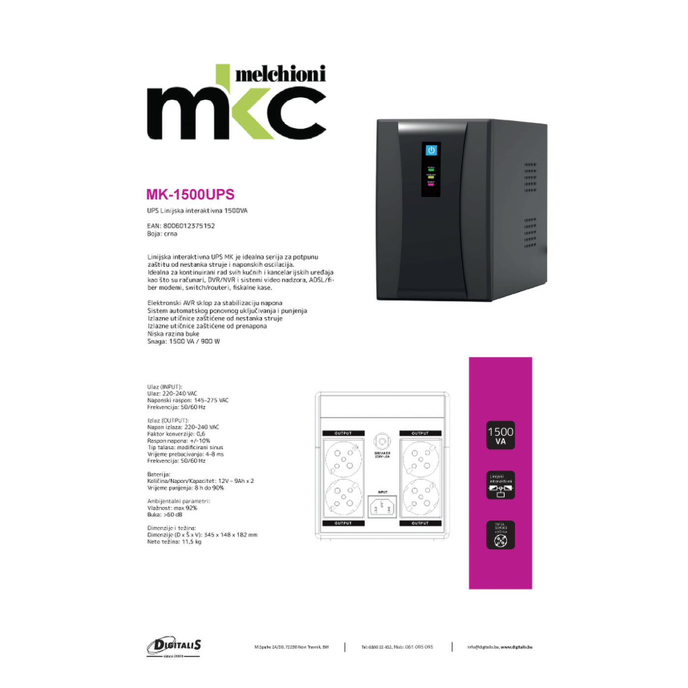 UPS Izvor neprekidnog napajanja MKC MK-1500UPS (1500VA/900W)-2