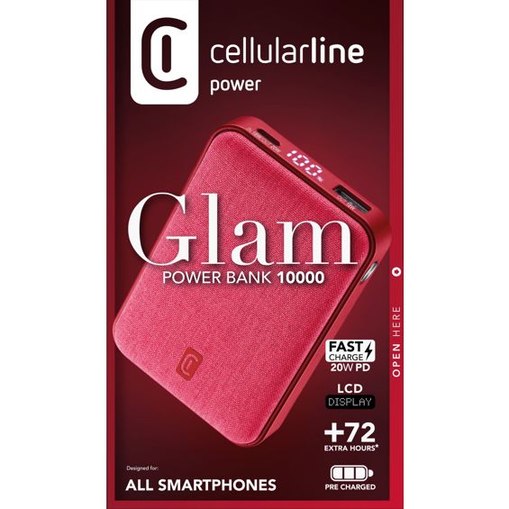 Prijenosna baterija CELLULARLINE Glam 10000mAh (20W, PD, 2x USB-C, 1x USB-A, crvena boja)-1