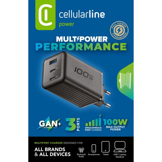 Punjač CELLULARLINE, GAN+ USB-A/2x, USB-C/1x, 100W-5