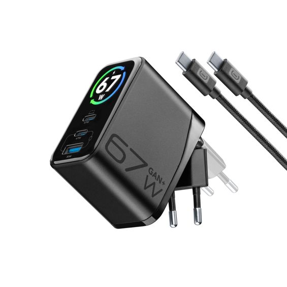 Punjač CELLULARLINE, GAN+, Powerview IQ, 2x UCB-C/USB-A, Kabel C-C, 67W