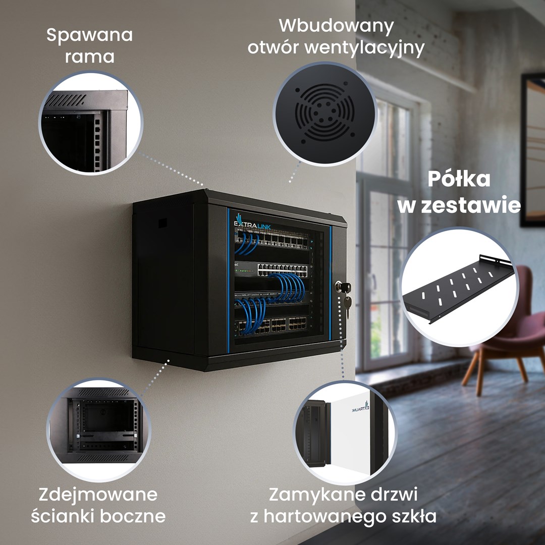 Mrežni ormar EXTRALINK LITE 6U 530x400mm zidni, crna boja-18