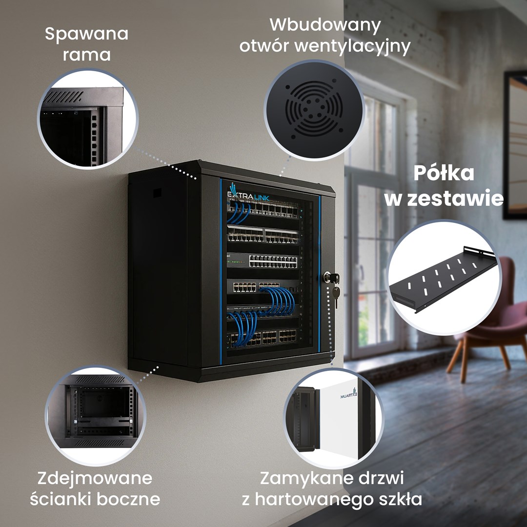 Zidni mrežni ormar EXTRALINK LITE 9U (530x400mm), crna boja-13
