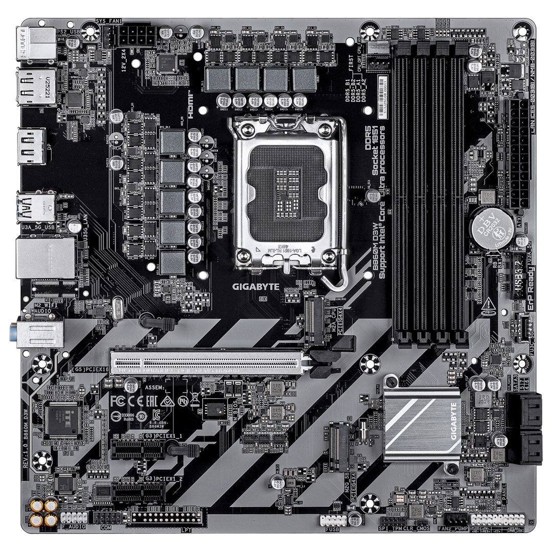 GIGABYTE B860M D3W Motherboard - Intel Core Ultra Series CPUs, 4+1+2 Phases VRM, up to 9066MHz DDR5, 2xPCIe 4.0 M.2, 1GbE LAN, USB 3.2 Gen 1-1