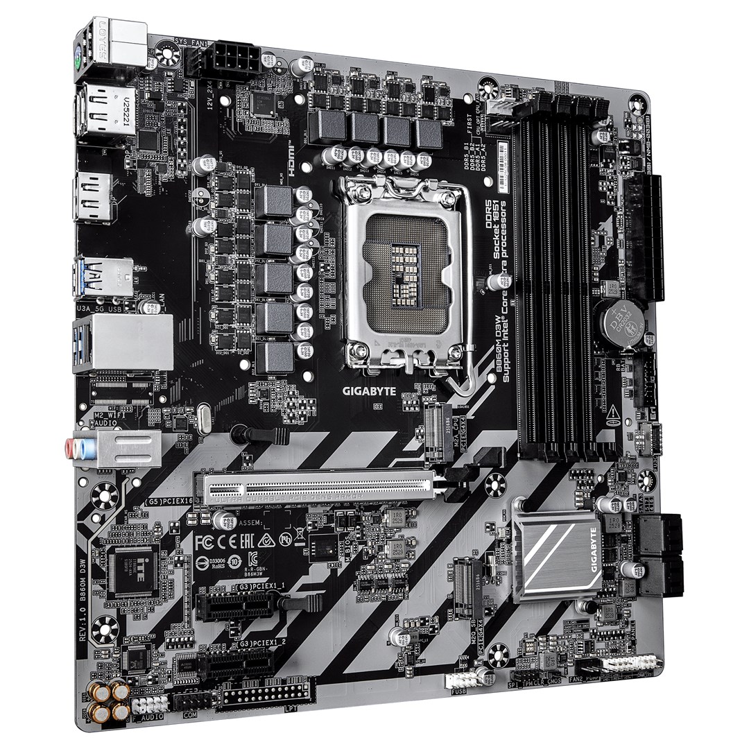 GIGABYTE B860M D3W Motherboard - Intel Core Ultra Series CPUs, 4+1+2 Phases VRM, up to 9066MHz DDR5, 2xPCIe 4.0 M.2, 1GbE LAN, USB 3.2 Gen 1-2