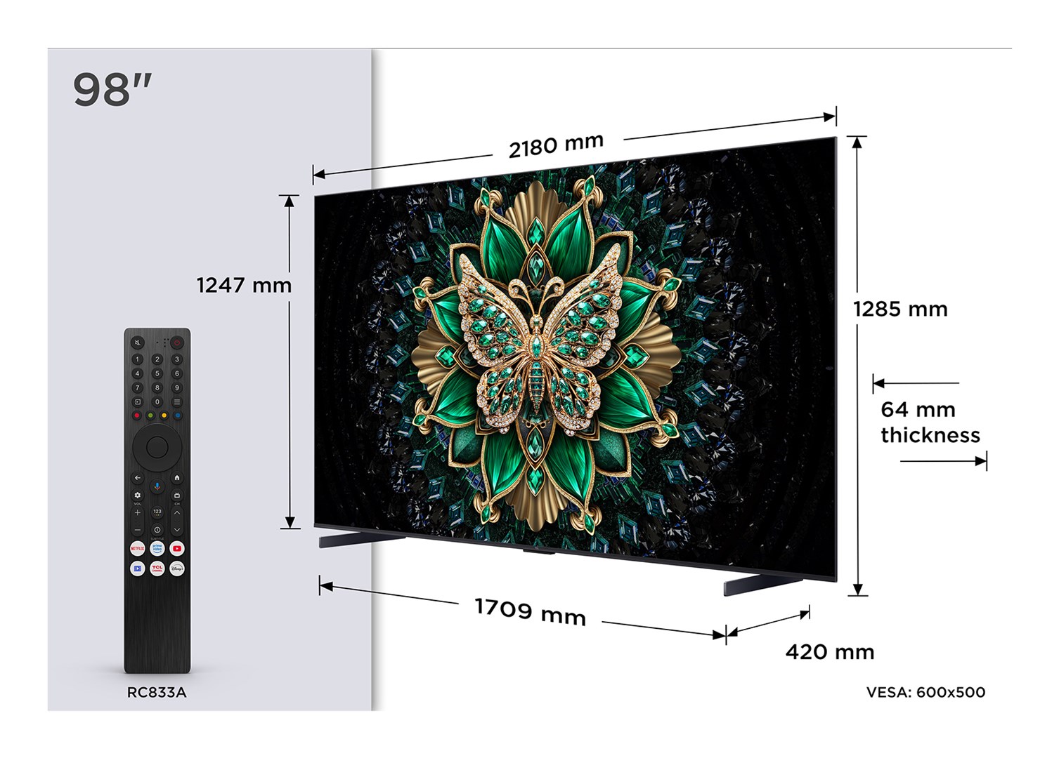 TV TCL 98C6K 98" (QLED 249 cm, 4K UHD, Google TV, HDR10+, DVB-T/T2/C/S/S2, metalik siva boja)-0