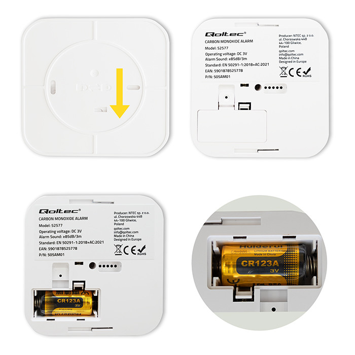 Qoltec 52577 Wireless Carbon monoxide (CO) sensor with battery | sensor service life 10 years | alarm 85dB | LED-5