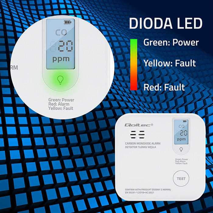 Qoltec 52577 Wireless Carbon monoxide (CO) sensor with battery | sensor service life 10 years | alarm 85dB | LED-1