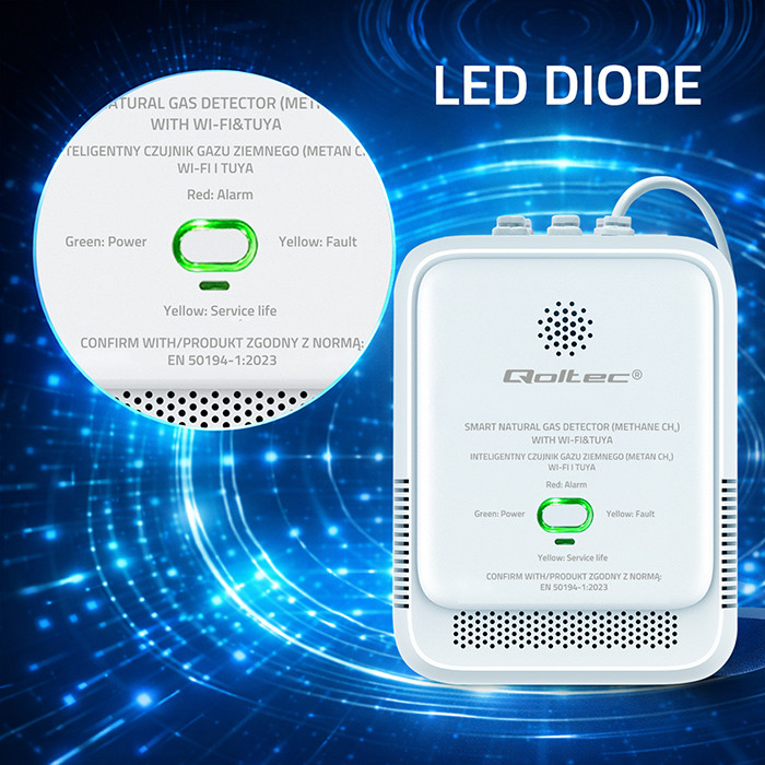 Qoltec 52651 Natural Gas Leak Sensor | CH4 detector | NG | Tuya | Wi-Fi | 85dB alarm | LED-3