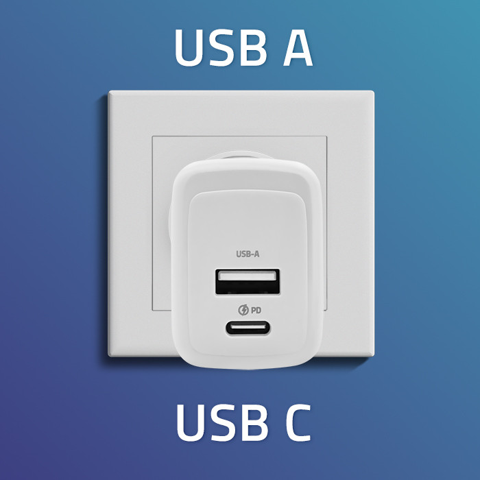 Zidni punjač QOLTEC 51825 GaN 45W (USB-C PD + USB-A QC 3.0) bijela boja-1