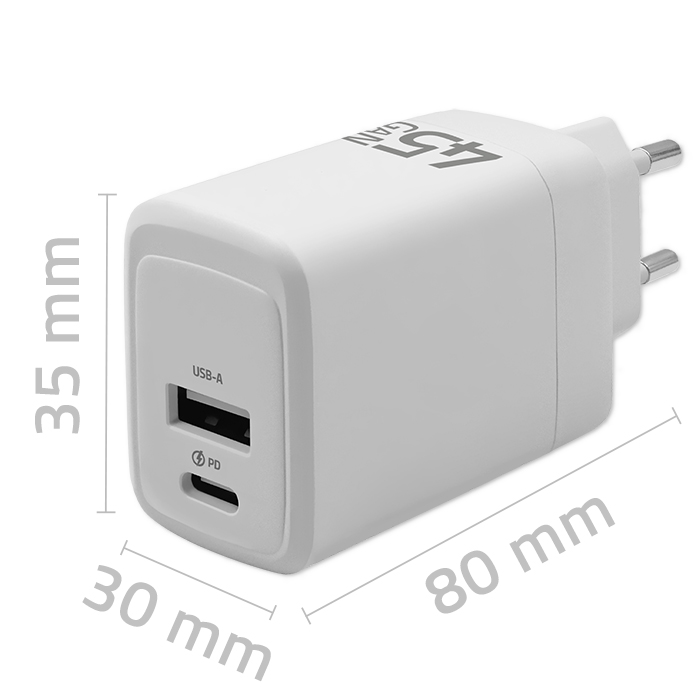 Zidni punjač QOLTEC 51825 GaN 45W (USB-C PD + USB-A QC 3.0) bijela boja-6