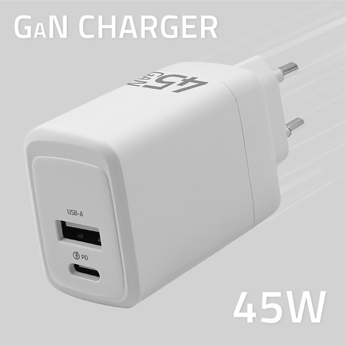 Zidni punjač QOLTEC 51825 GaN 45W (USB-C PD + USB-A QC 3.0) bijela boja-2